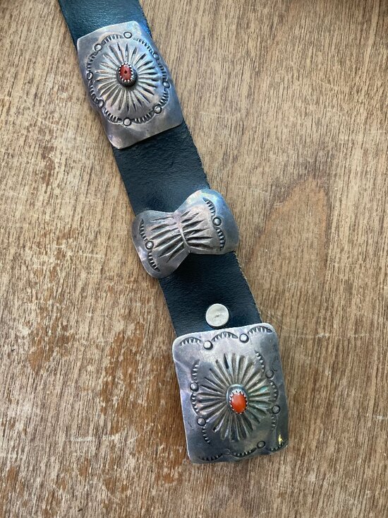 AMAZING Vintage Native American Navajo Sterling Silver Coral Concho Belt SIGNED